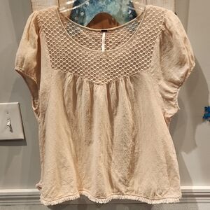 EUC Free People Women's Sz S Peach Colored Blouse Distressed Bottom